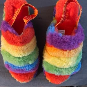 Authentic UGG Australia fuzzy rainbow slippers size 8